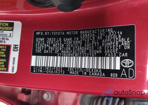 2014 Toyota Corolla S Plus из США, поврежденный, VIN 2T1BURHE8EC122197